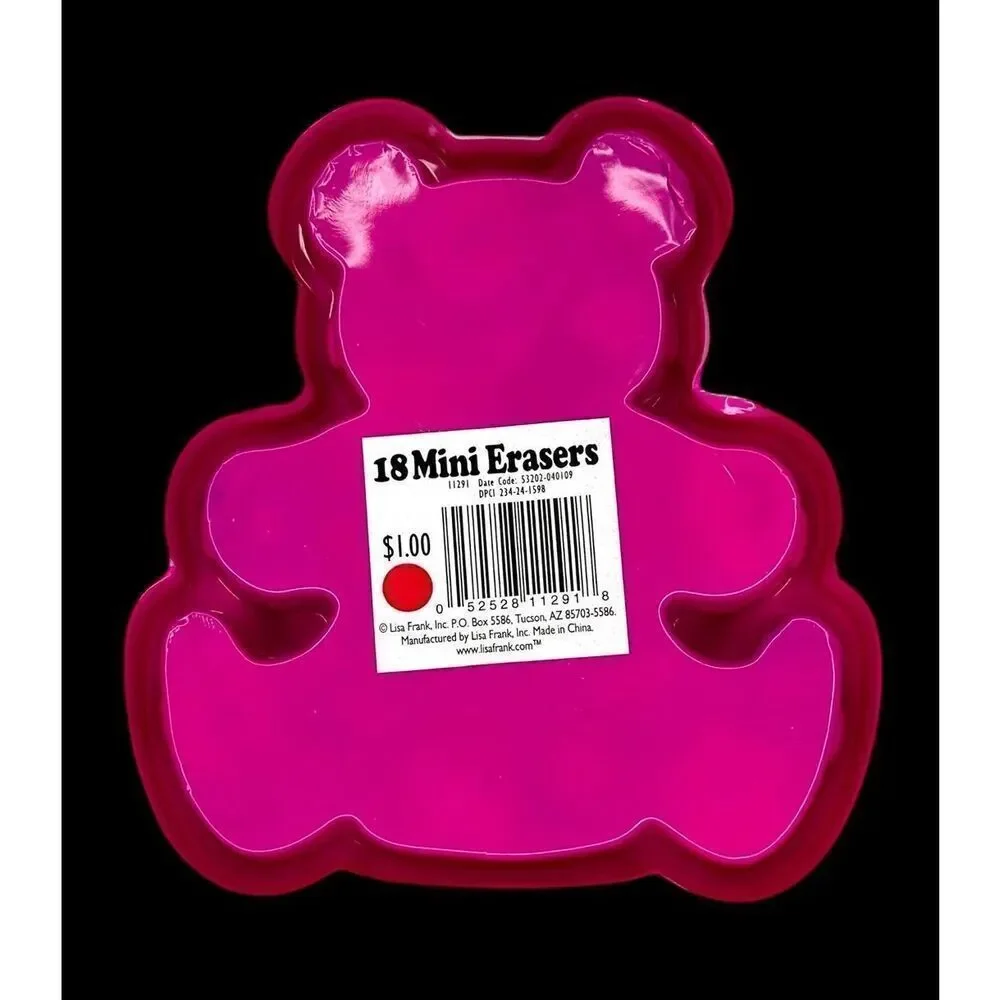 New Vintage Y2K Lisa Frank 18 Mini Erasers Pink Teddy Bear Case Unused